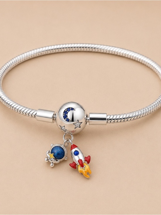 Jewelry - Space Rocket Charm Bracelet - Silver with Red, Blue & Yellow Accents